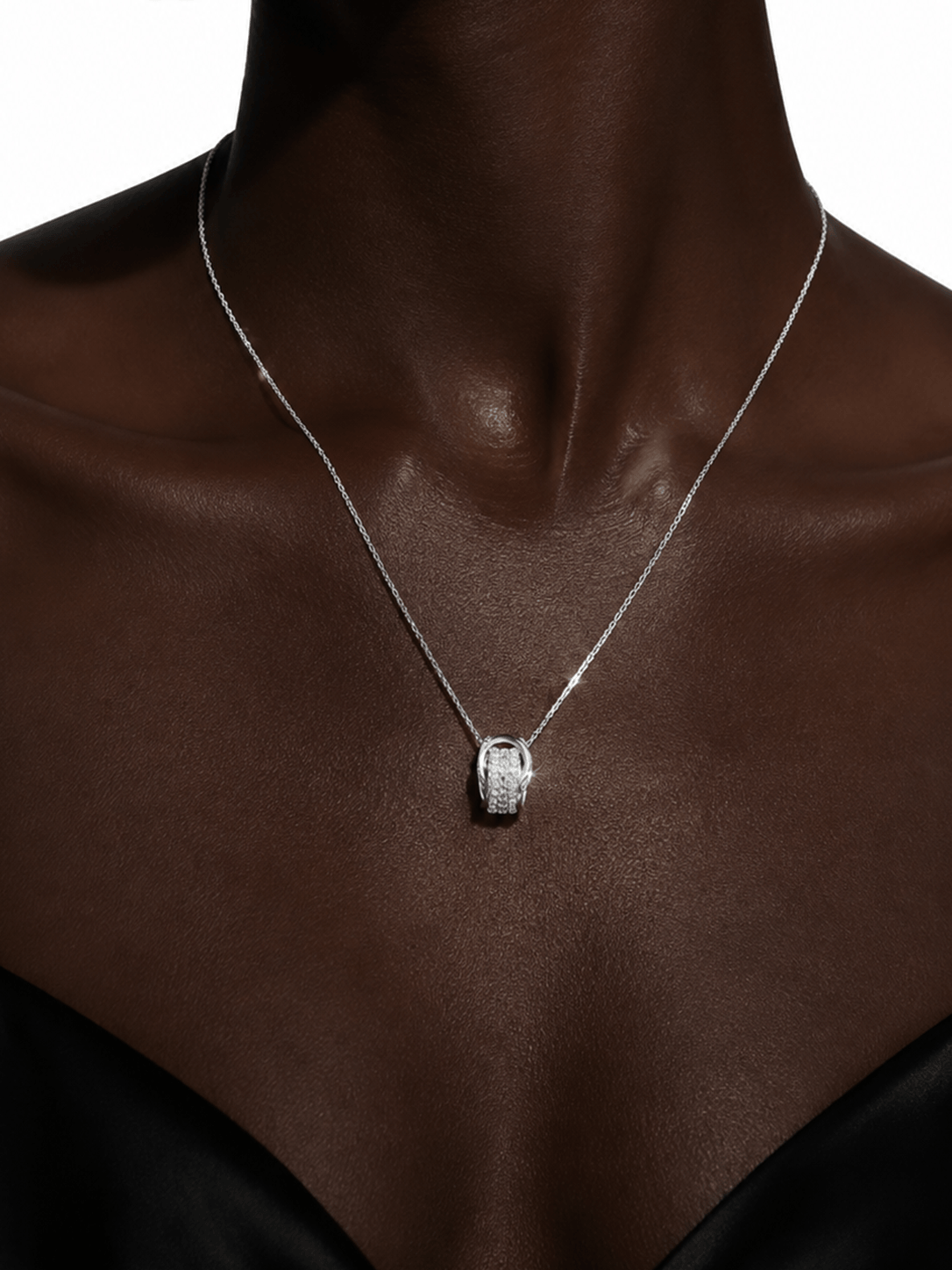 Paved CZ Interlocking Double Ring Necklace - silver