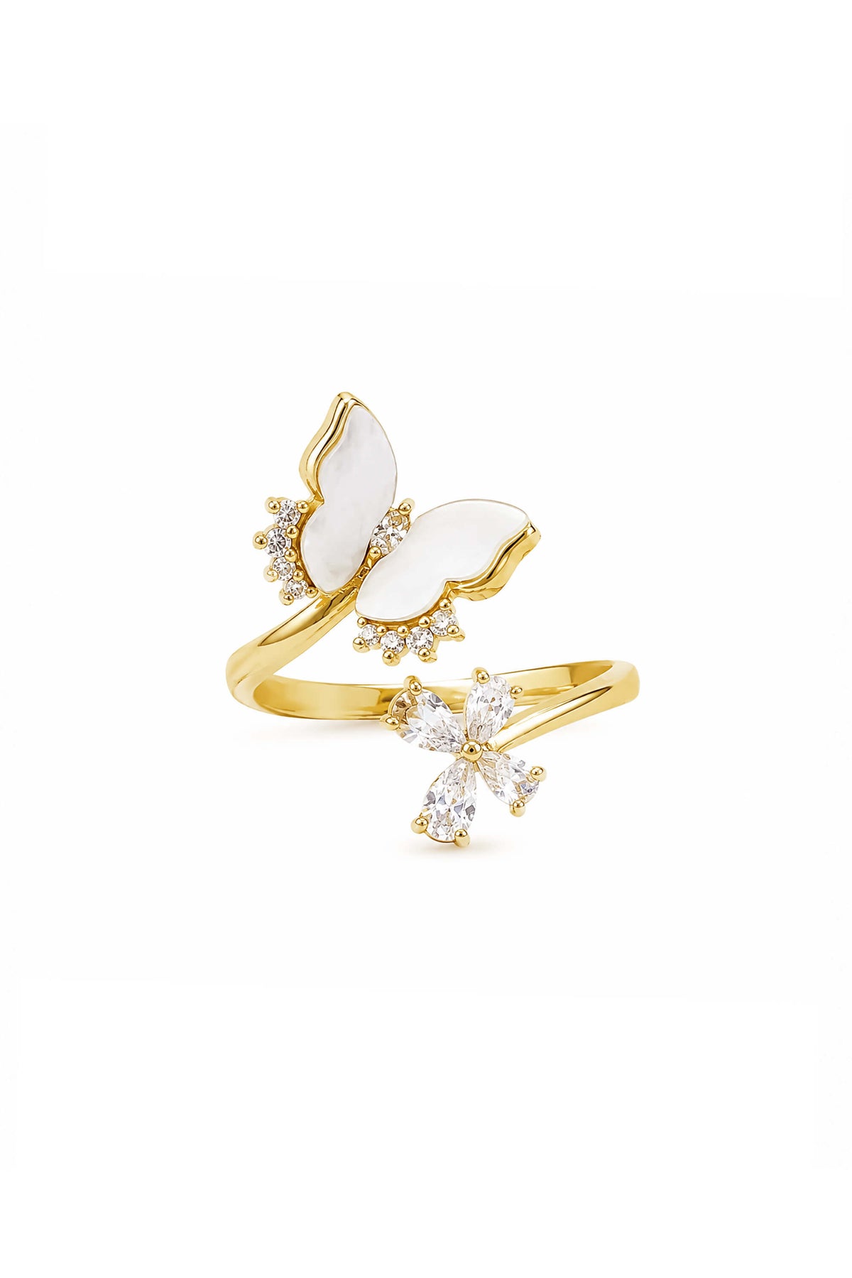 Mother of Pearl Butterfly Zircon Flower Open Ring