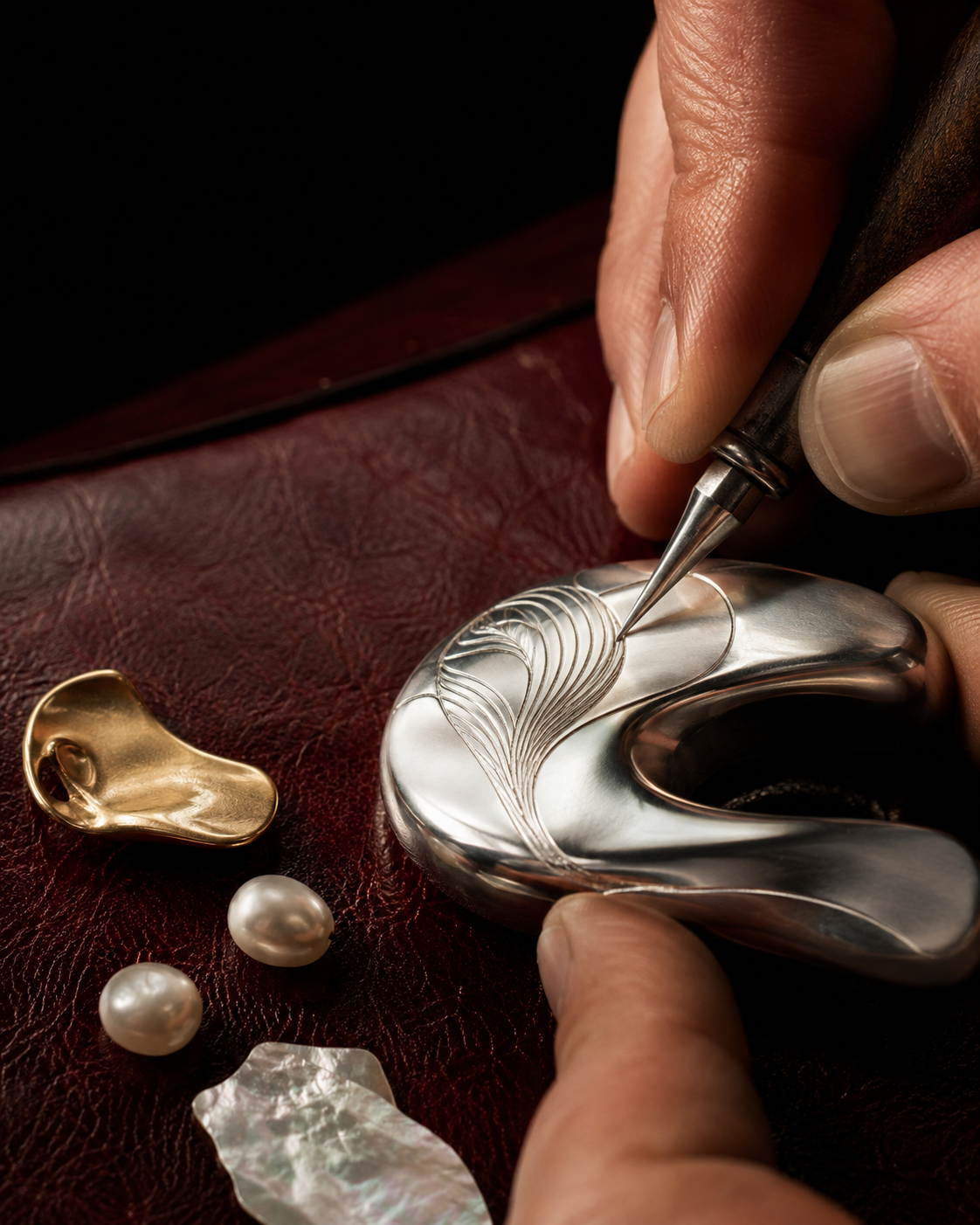Close-up of a jeweler engraving a sculptural silver form beside gold, pearls, and mother-of-pearl on a deep red work surface