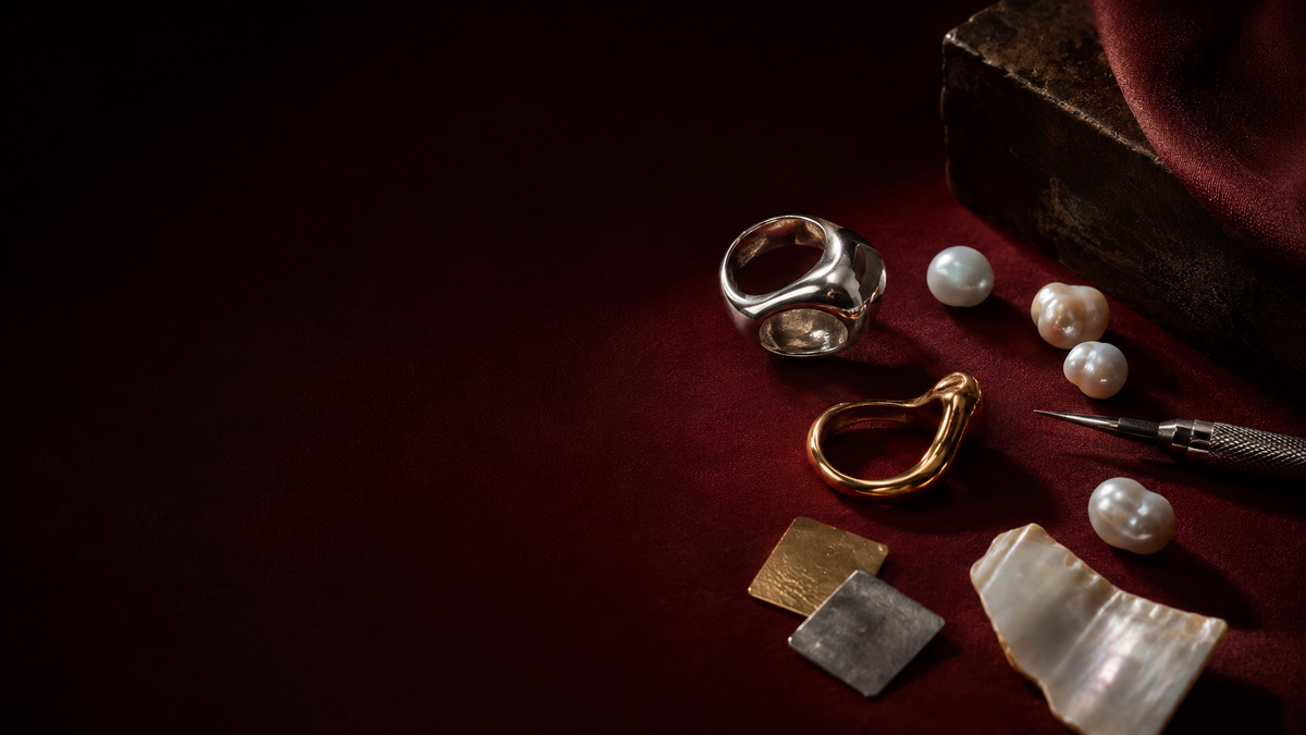 Sculptural gold and silver jewelry with pearls, shell, metal samples, and an engraving tool on a deep red atelier surface